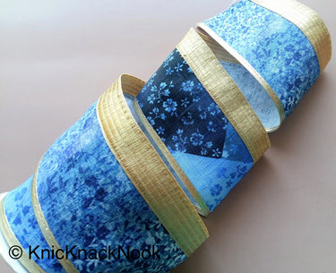 Blue And Gold Fabric Trim With Floral Design, Digital Print Trim Border - 200317L407